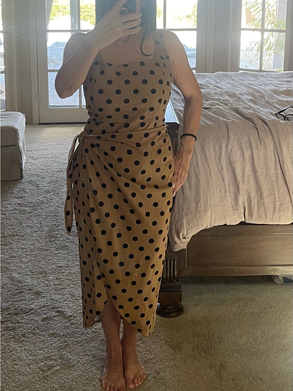 Polka Dot Tie-Waist Midi Dress in Tan and Black